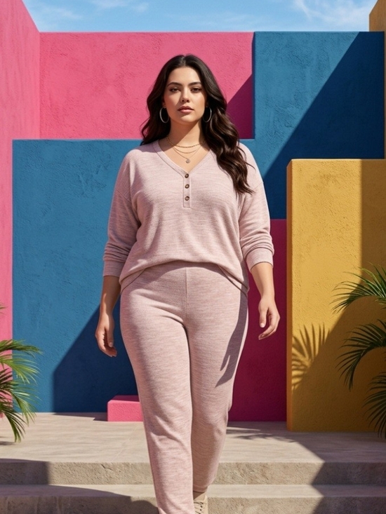 Tops - Everyday Cozy Henley Lounge Set - Blush Pink